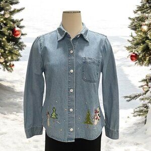 Christopher & Banks PM Denim Snowman & Tree‎ Embroidered Holiday Shirt Festive